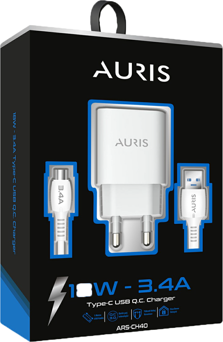 Auris CH40 3-4 A Type C Şarj Aleti Cihazı Seti USB Şarj Başlığı + 1 Mt- Type C Kablo Qc 3-0 Destekli